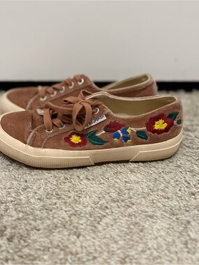 Superga Brown Velvet Sneakers with Red and Yellow Floral Embroidery